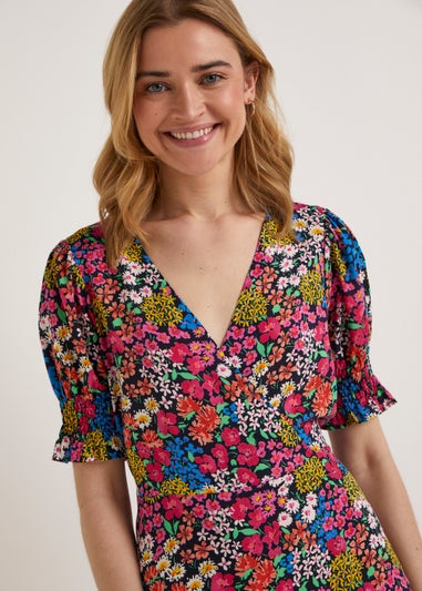 Multicoloured Ditsy V-Neck Short Sleeve Midi Dress