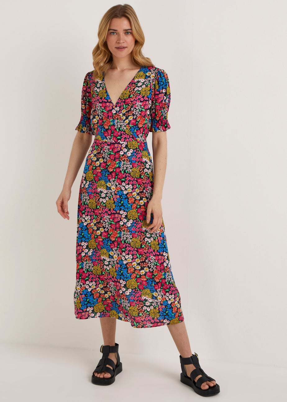 Multicoloured Ditsy V-Neck Short Sleeve Midi Dress