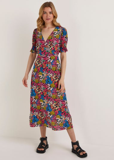 Multicoloured Ditsy V-Neck Short Sleeve Midi Dress