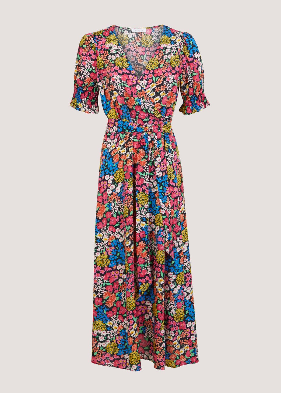 Multicoloured Ditsy V-Neck Short Sleeve Midi Dress