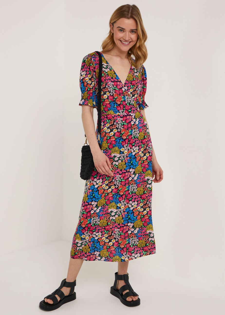 Multicoloured Ditsy V-Neck Short Sleeve Midi Dress