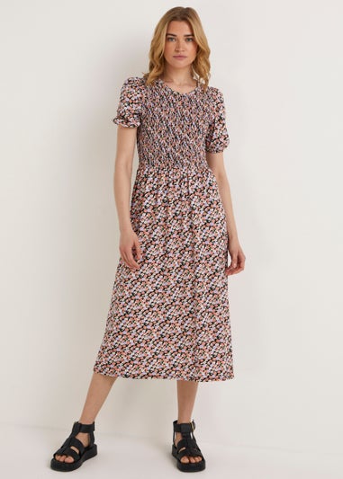 Lilac Ditsy Shirred Midi Dress