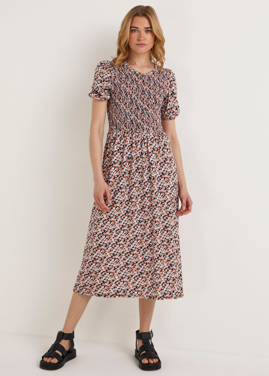 Lilac Ditsy Shirred Midi Dress