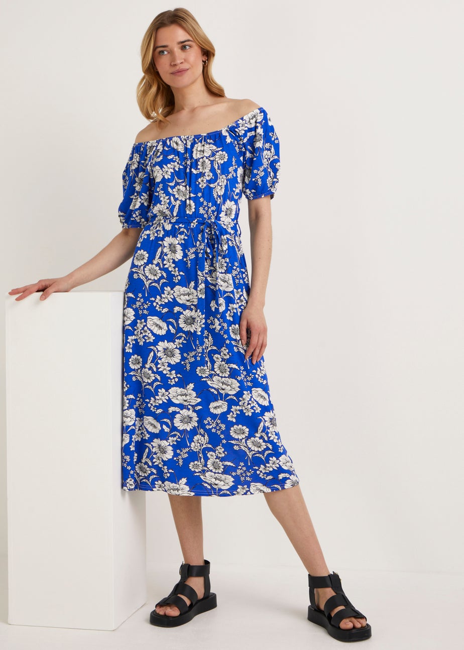 Blue Bardot Floral Midi Dress