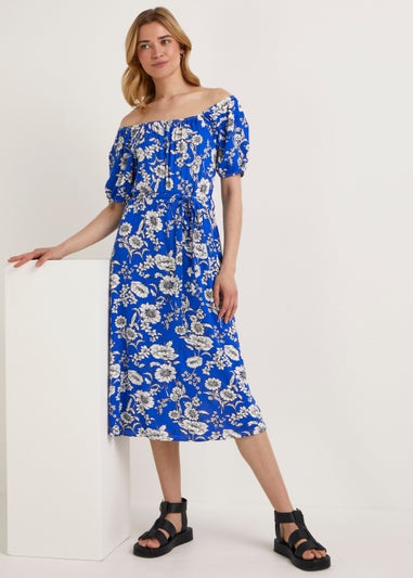Blue Bardot Floral Midi Dress