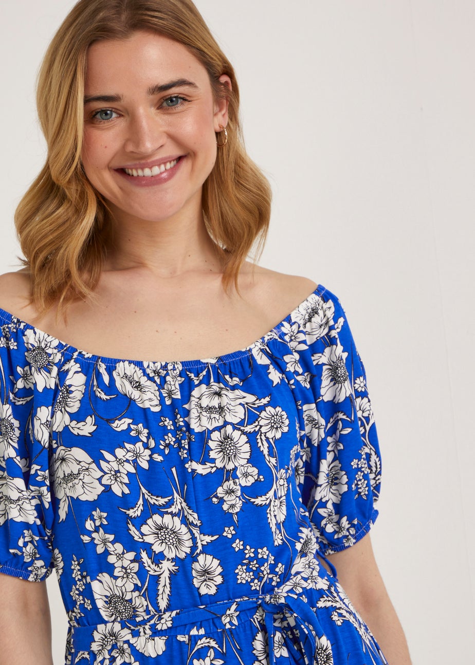 Blue Bardot Floral Midi Dress