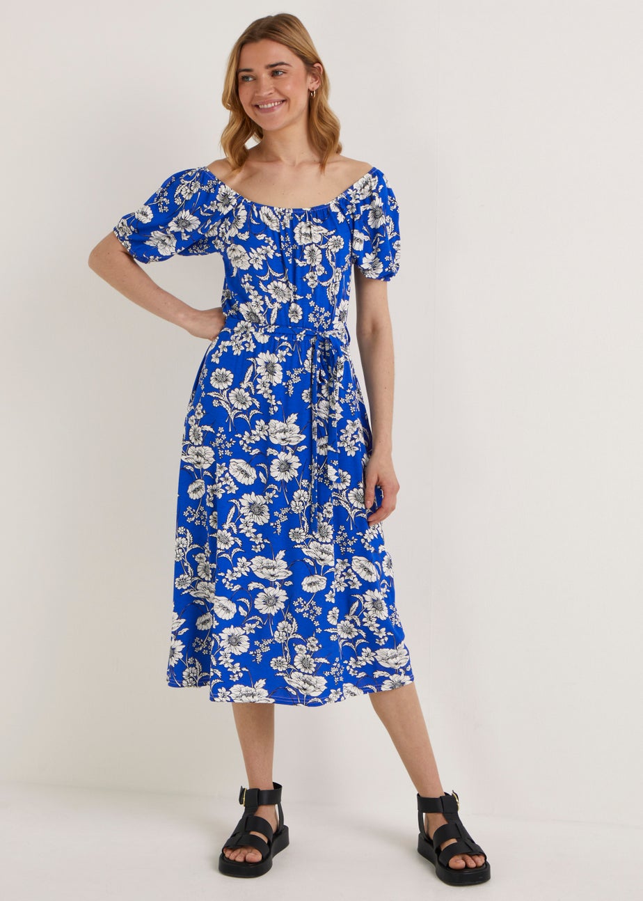 Blue Bardot Floral Midi Dress