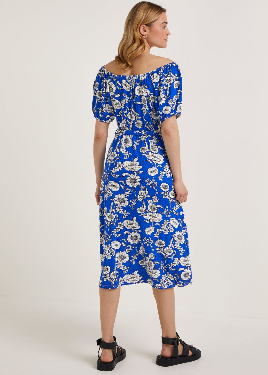 Blue Bardot Floral Midi Dress
