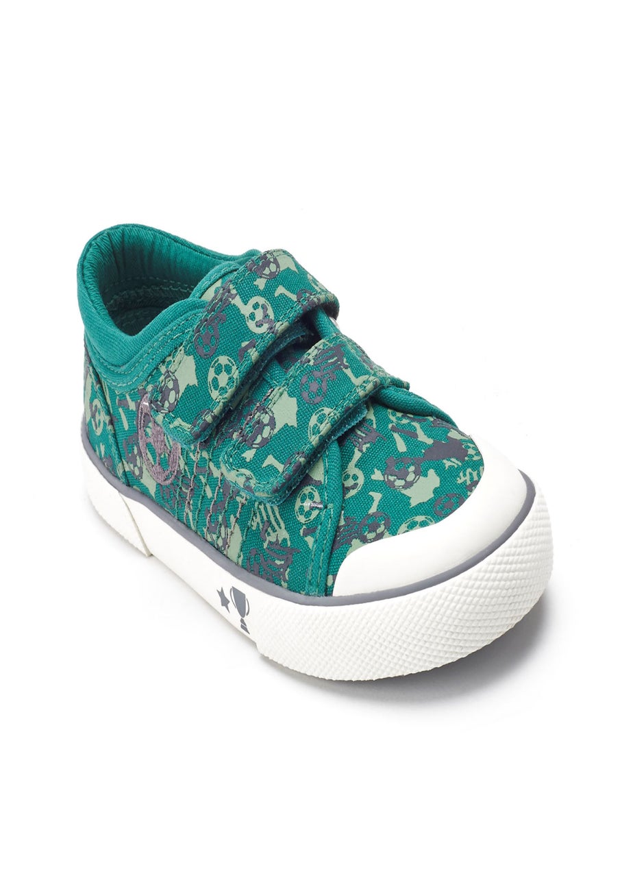Start-Rite Green Kickabout Football Print Riptape Canvas Shoes