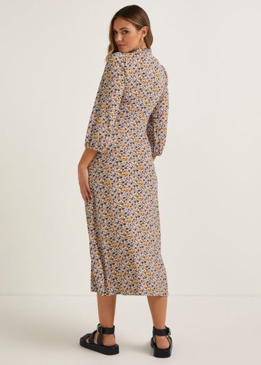 Multicoloured Floral 3/4 Sleeve Midi Dress