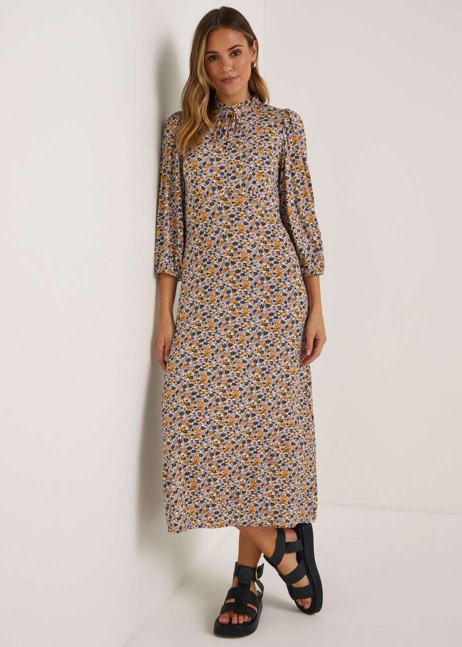 Multicoloured Floral 3/4 Sleeve Midi Dress