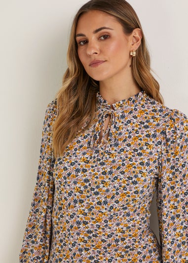 Multicoloured Floral 3/4 Sleeve Midi Dress