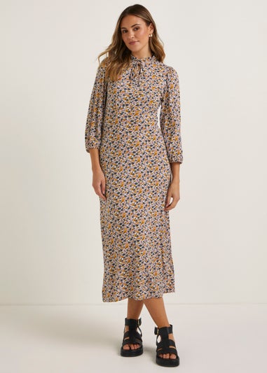 Multicoloured Floral 3/4 Sleeve Midi Dress