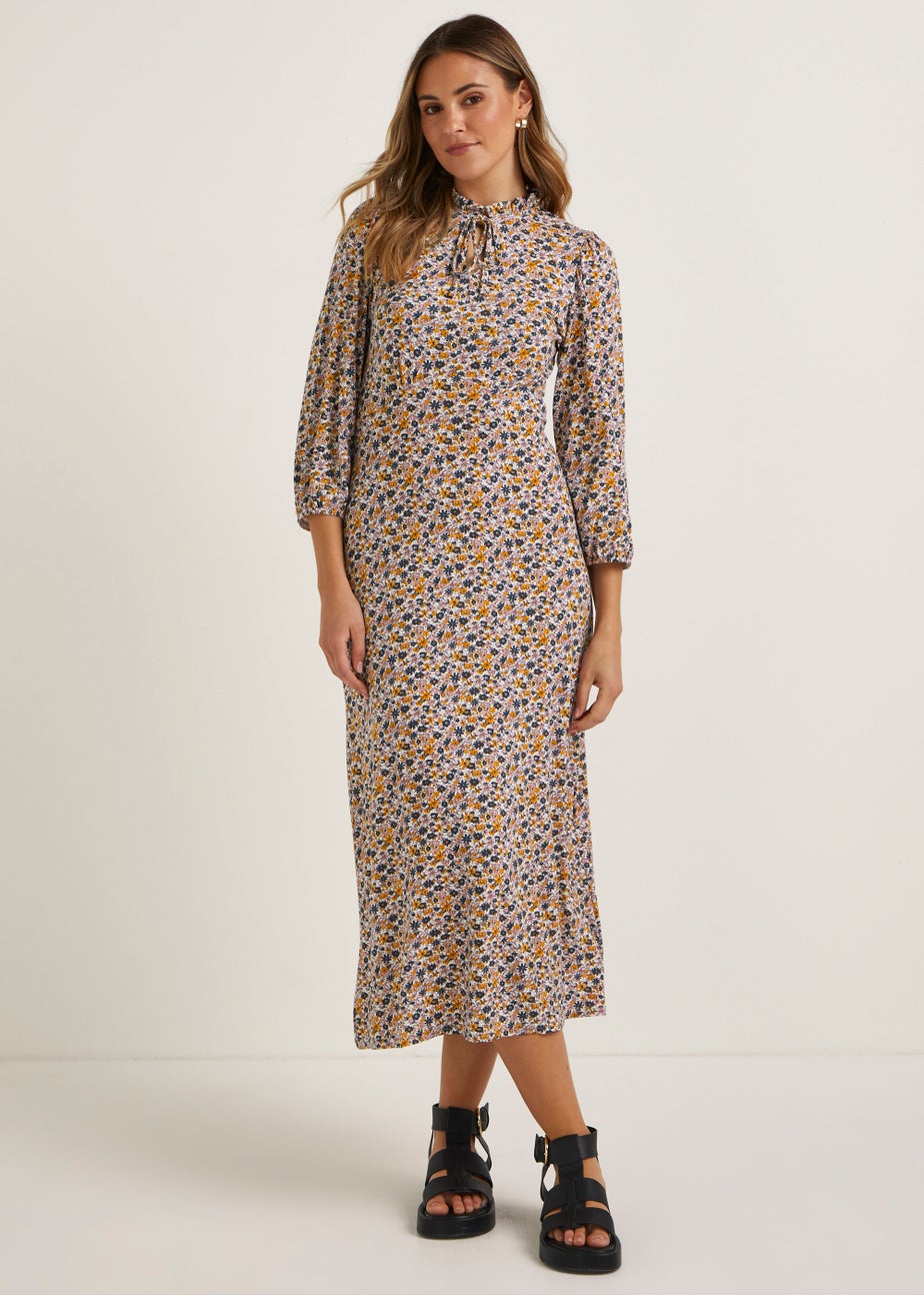 Multicoloured Floral 3/4 Sleeve Midi Dress