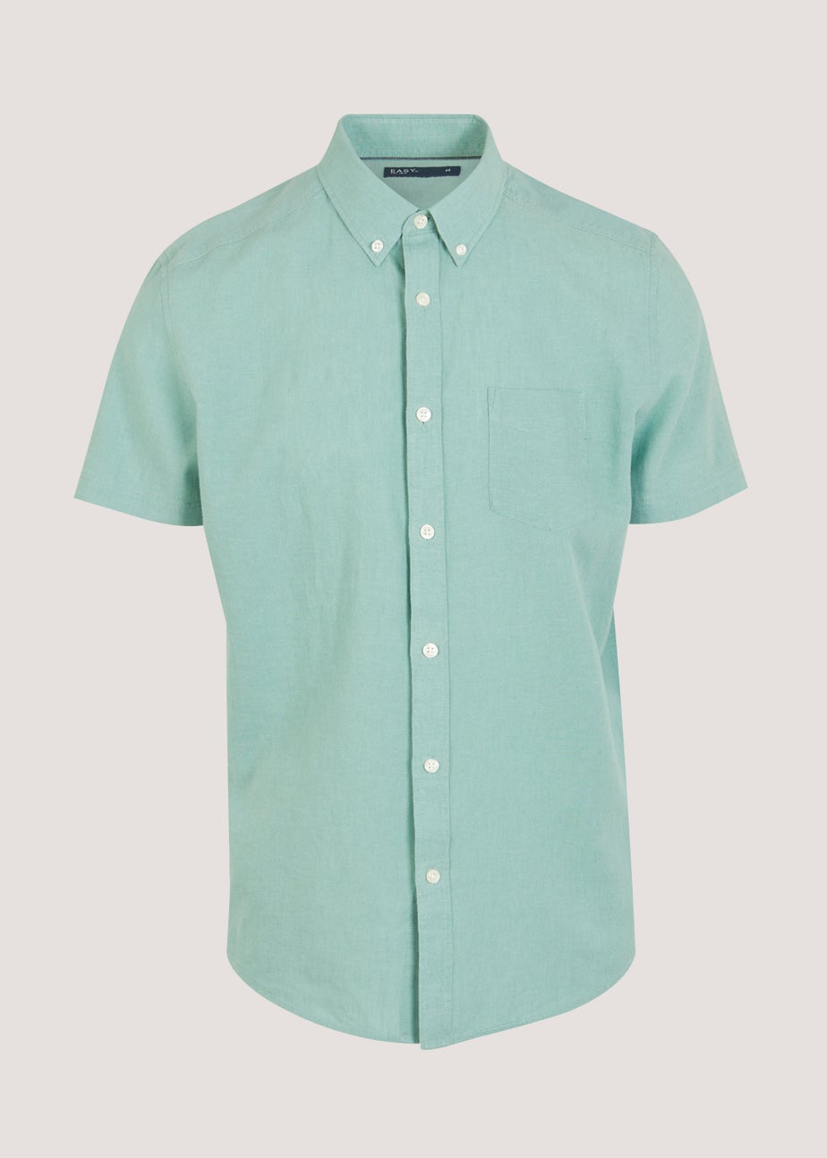Turquoise Linen Blend Short Sleeve Shirt