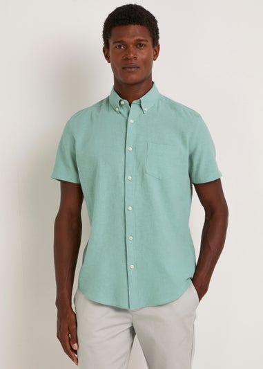 Turquoise Linen Blend Short Sleeve Shirt
