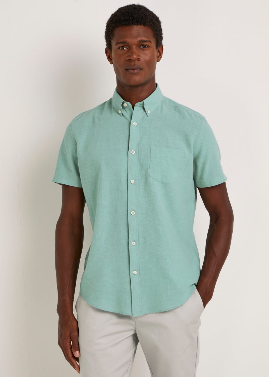 Turquoise Linen Blend Short Sleeve Shirt