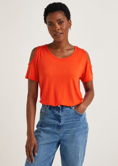 Papaya Petite Coral Longline Cold Shoulder T-Shirt