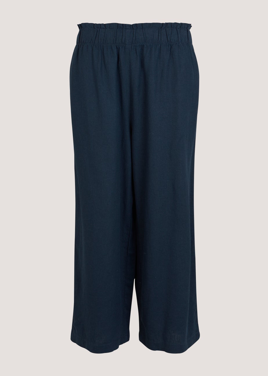 Navy Linen Blend Wide Leg Cropped Trousers
