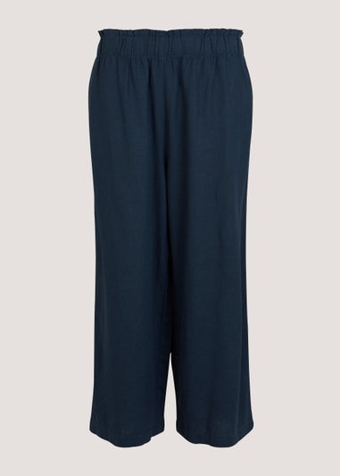 Navy Linen Blend Wide Leg Cropped Trousers