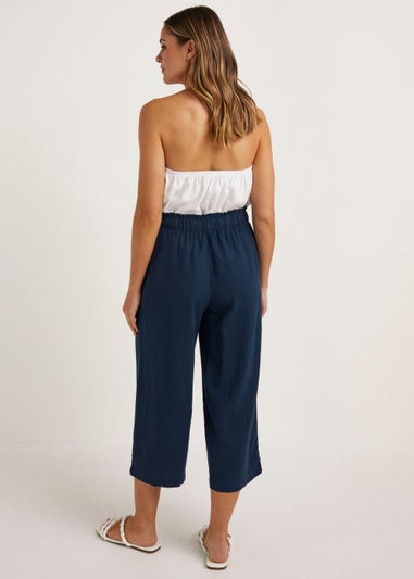 Navy Linen Blend Wide Leg Cropped Trousers