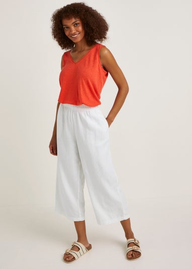 White Linen Blend Wide Leg Cropped Trousers