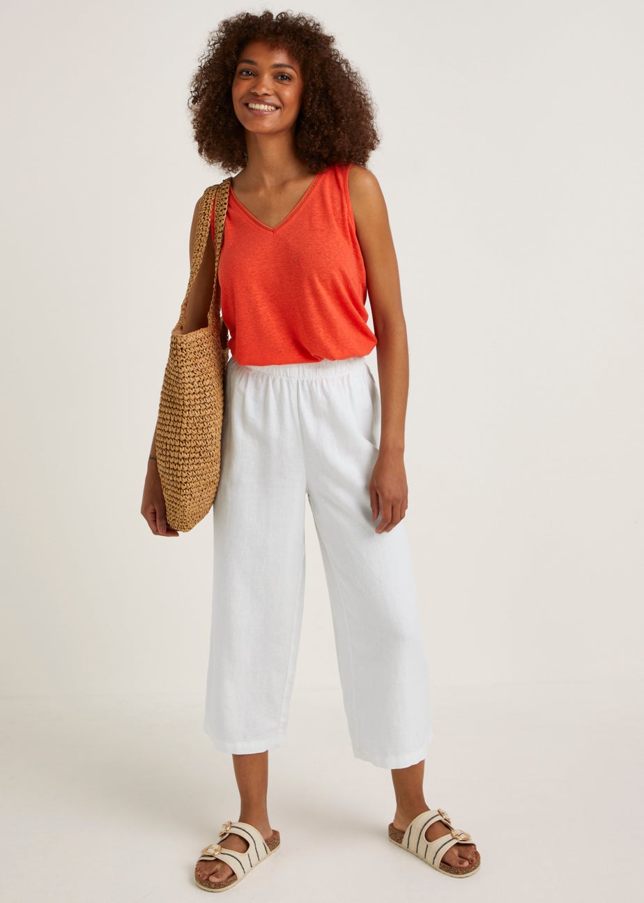 White Linen Blend Wide Leg Cropped Trousers