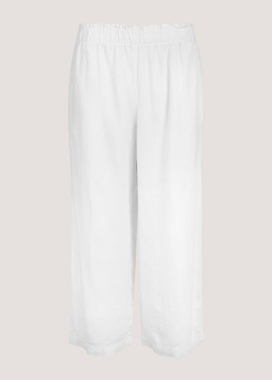 White Linen Blend Wide Leg Cropped Trousers