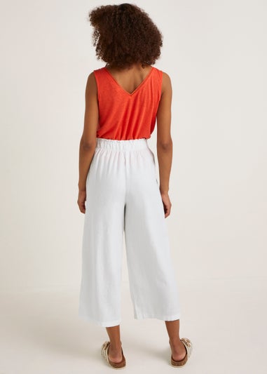 White Linen Blend Wide Leg Cropped Trousers