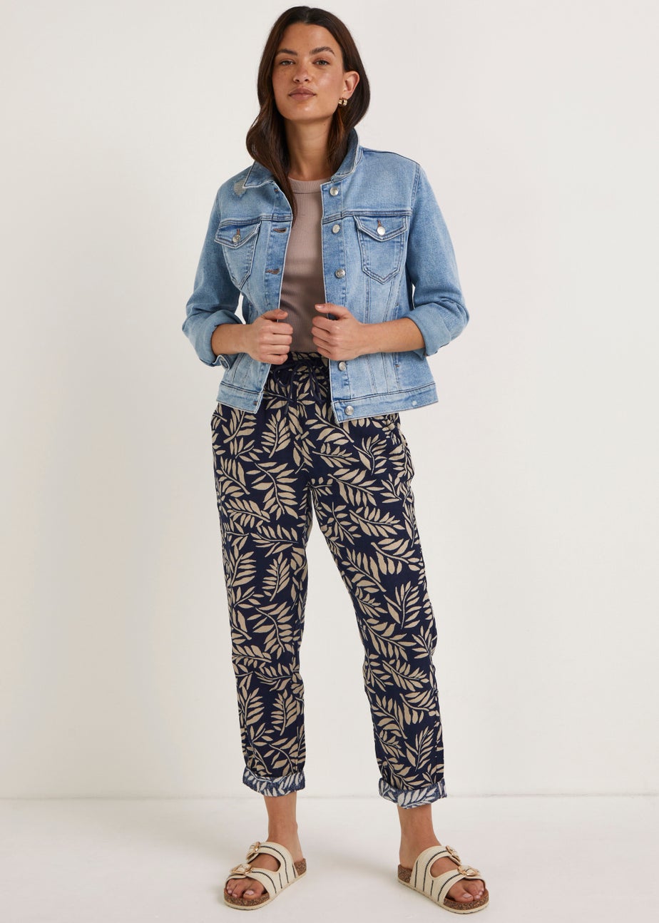 Navy Print Linen Blend Tapered Trousers