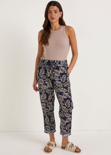 Navy Print Linen Blend Tapered Trousers