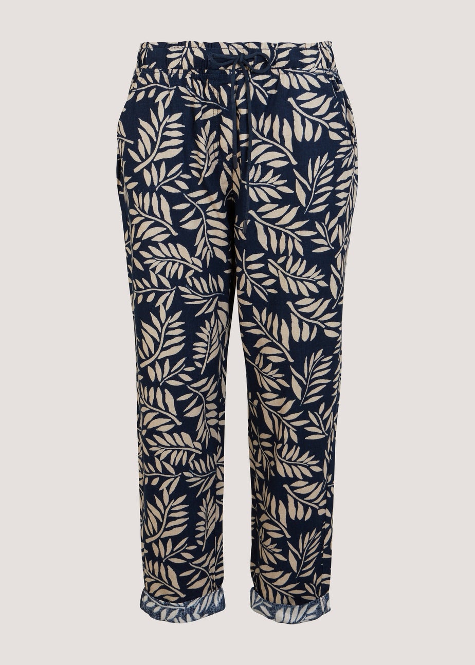 Navy Print Linen Blend Tapered Trousers
