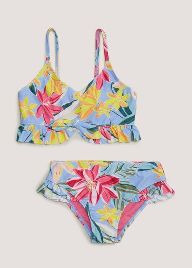 Girls Mini Me Blue Tropical Floral Bikini Set (4-13yrs)