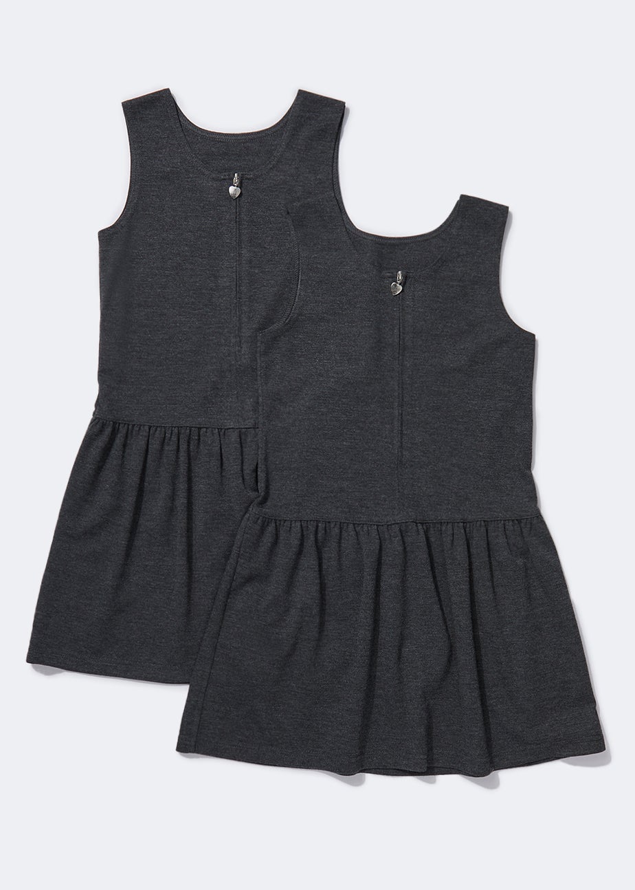 Girls 2 Pack Grey Zip Front Jersey Pinafores (3-9yrs)