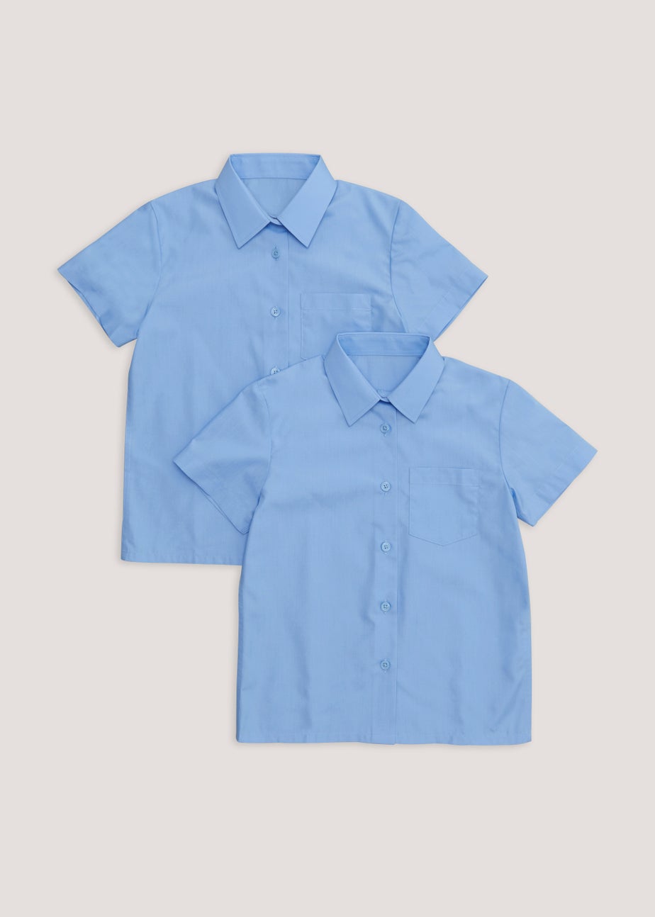 Girls 2 Pack Blue Regular Fit Short Sleeve School Blouses (4-16yrs)