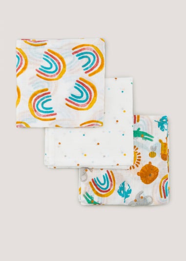 3 Pack Multicoloured Rainbow Muslin Cloths (73cm x 73cm)