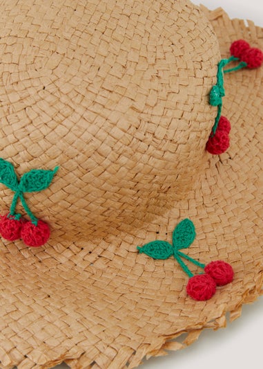 Girls Natural Cherry Straw Sun Hat (7-13yrs)