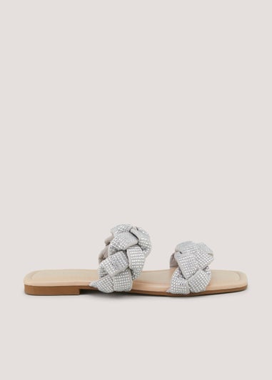 White Plaited Glitter Mules