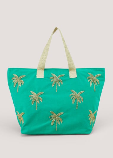 Green Beaded Palm Tree Beach Bag