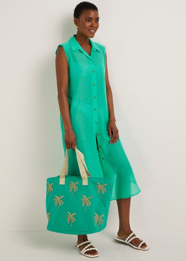 Green Beaded Palm Tree Beach Bag