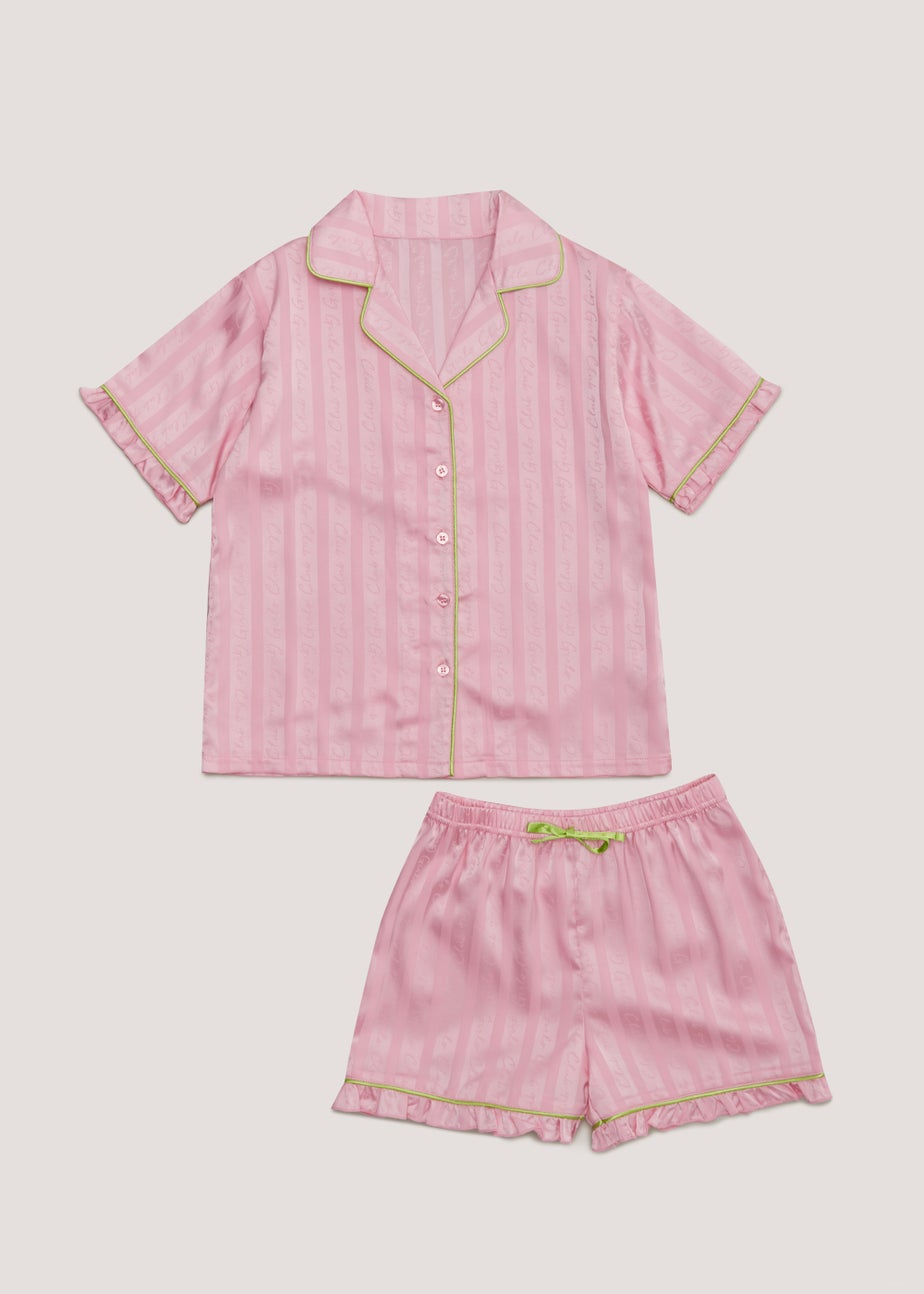 Girls Pink Satin Button Up Pyjama Set (4-13yrs