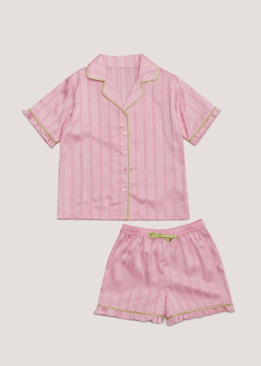 Girls Pink Satin Button Up Pyjama Set (4-13yrs