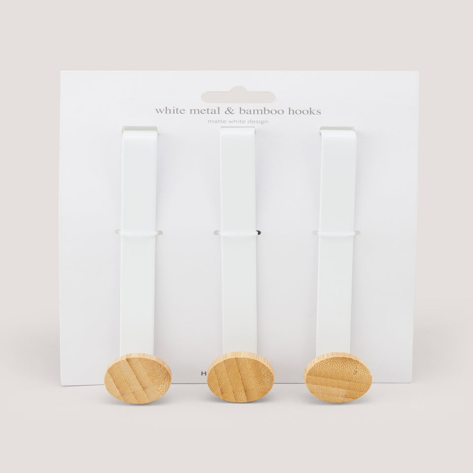 3 Pack White Metal & Bamboo Hooks (12cm x 3.5cm x 3cm)