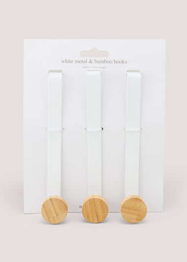 3 Pack White Metal & Bamboo Hooks (12cm x 3.5cm x 3cm)
