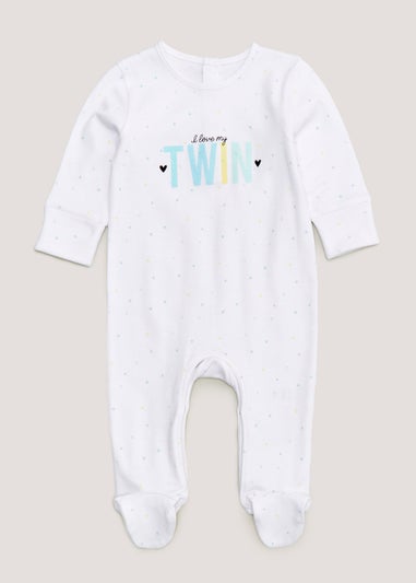 Baby White Twin Slogan Sleepsuit (Tiny Baby-18mths)
