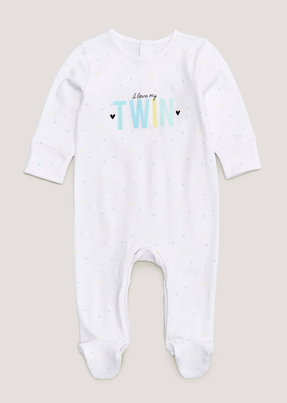 Baby White Twin Slogan Sleepsuit (Tiny Baby-18mths)