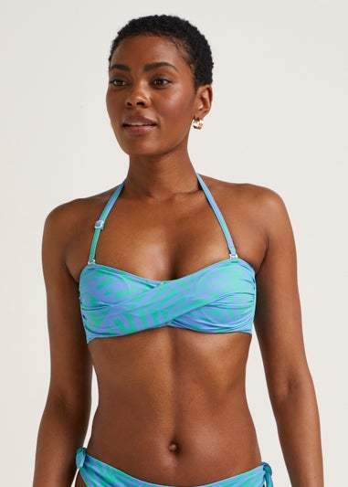Multicoloured Palm Print Twist Bandeau Bikini Top