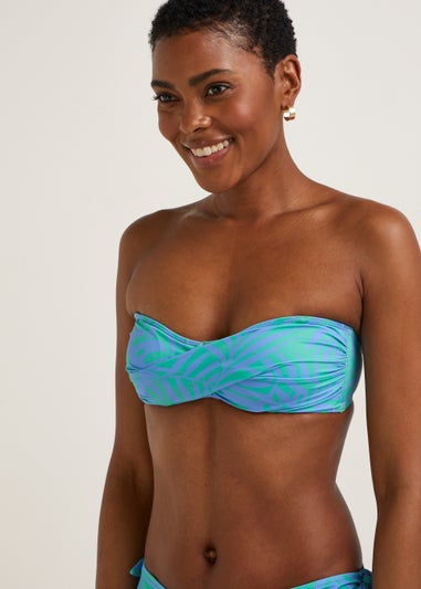 Multicoloured Palm Print Twist Bandeau Bikini Top