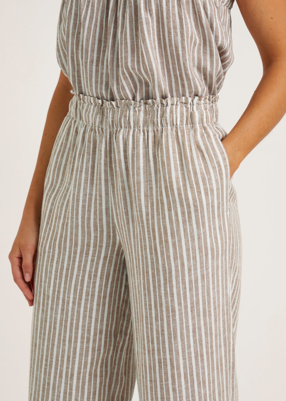 Beige Stripe Linen Blend Wide Leg Cropped Trousers