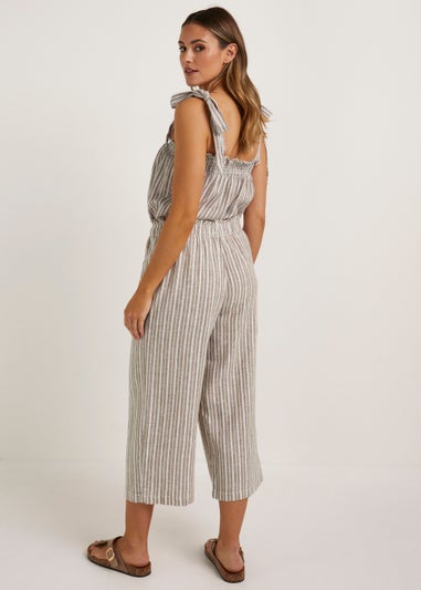 Beige Stripe Linen Blend Wide Leg Cropped Trousers